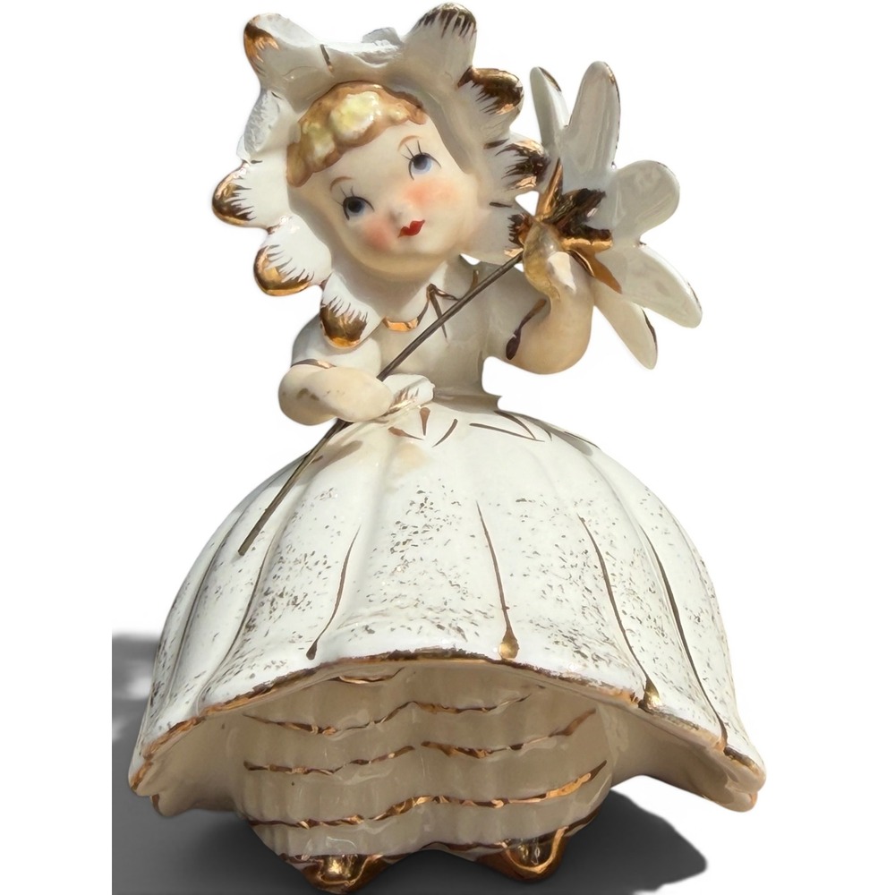Vintage 1950s Lefton Bloomer Girl Figurine White Gown Gold Trim KW10531 As Is